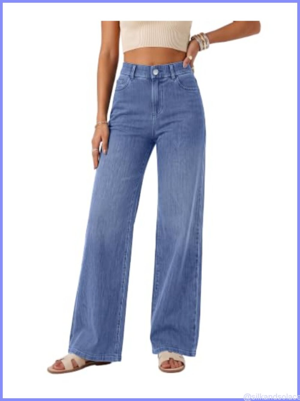 Women Wide Leg Pull On High Rise Elastic Waist Jeans Stretchy Fabric
